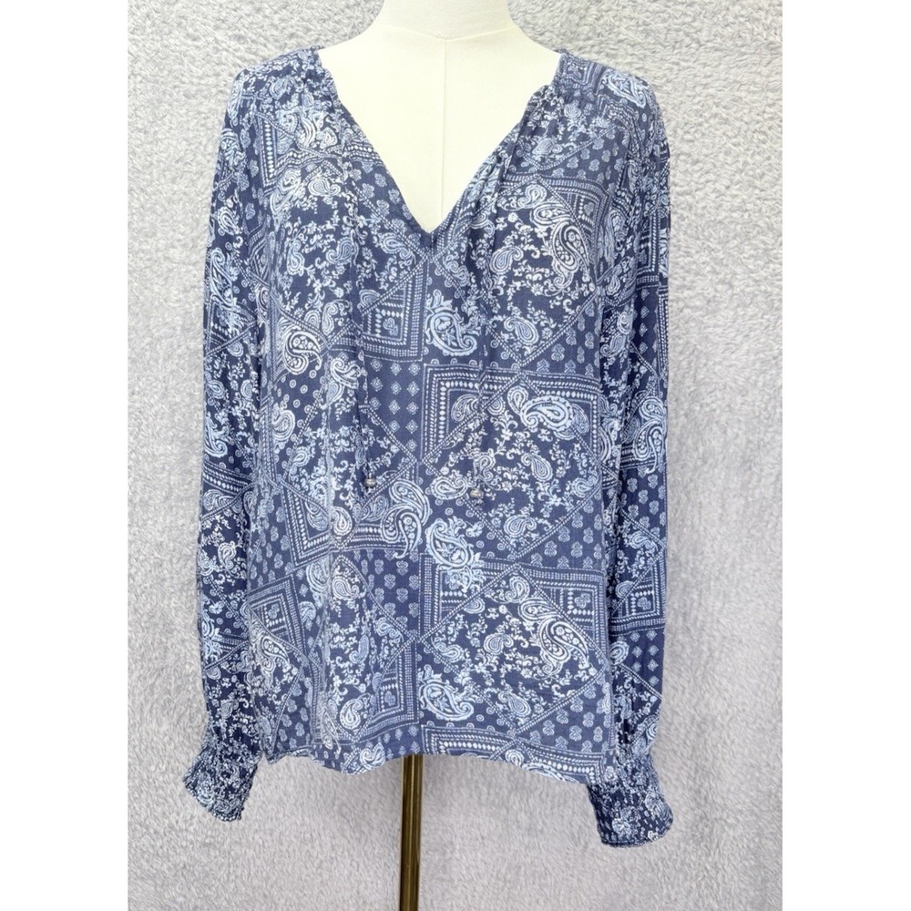 Lucky Brand Womens Large Blue Boho Peasant Top V Neck Bishop Sleeve Handkerchief